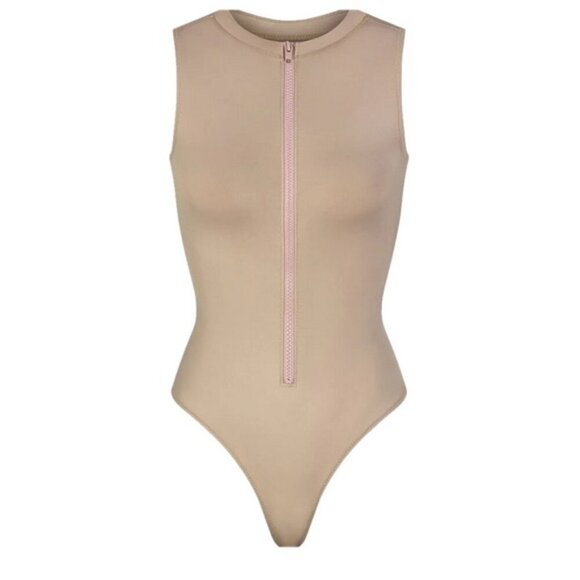 Skims 3X SWIM ZIP FRONT SLEEVELESS ONE PIECE Desert Tan NWT - Picture 1 of 6